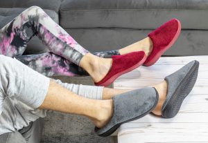 Lyfe Lax Red and grey fleece house slippers for women and men. Also available in pink and purple for women and grey for men.